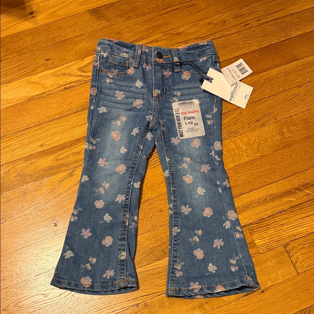 Floral Print Flare Jeans - Blue with Pink & Cream Flowers